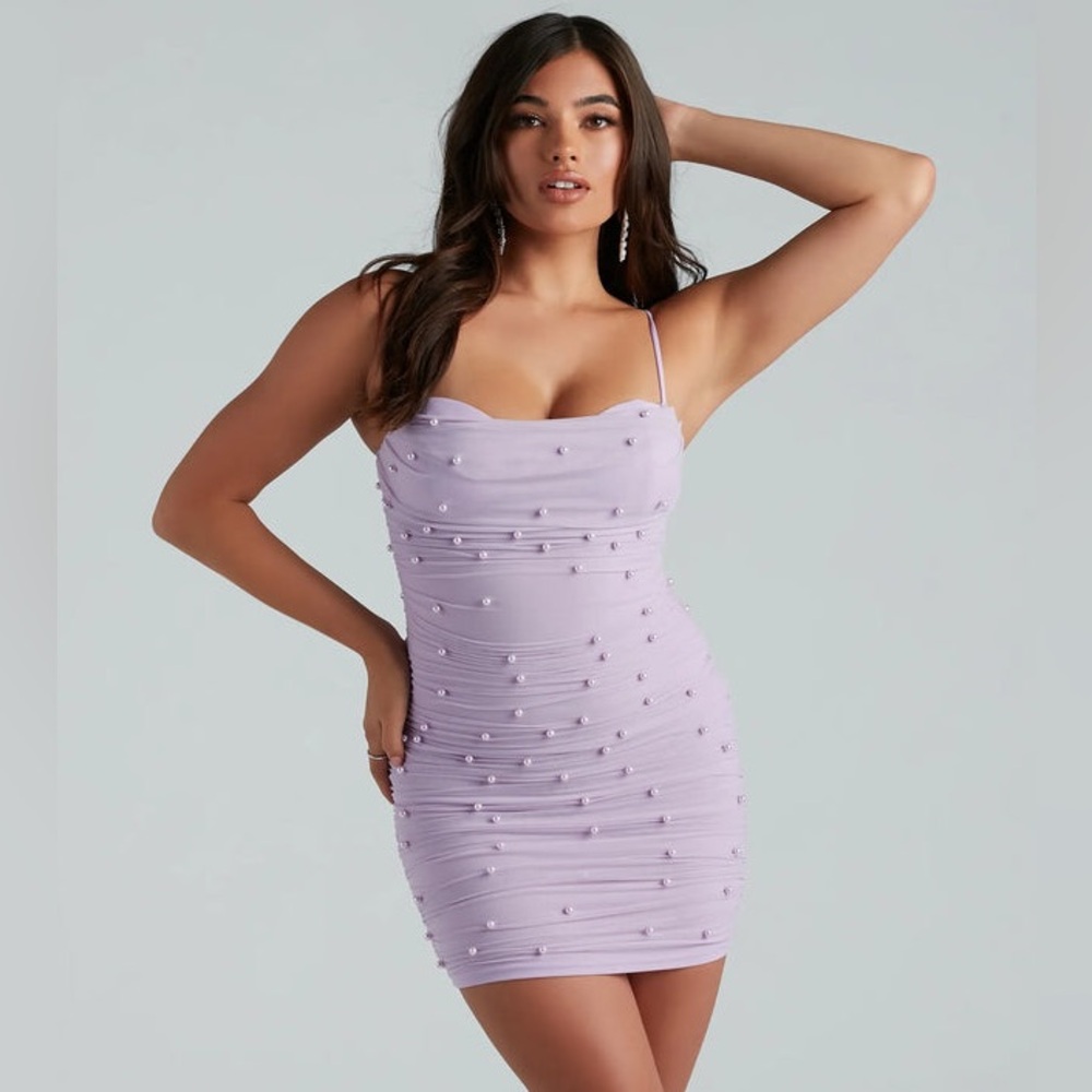 Windsor Kristen Faux Pearl Mini Party Dress Light Purple/Lilac/Lavender Medium